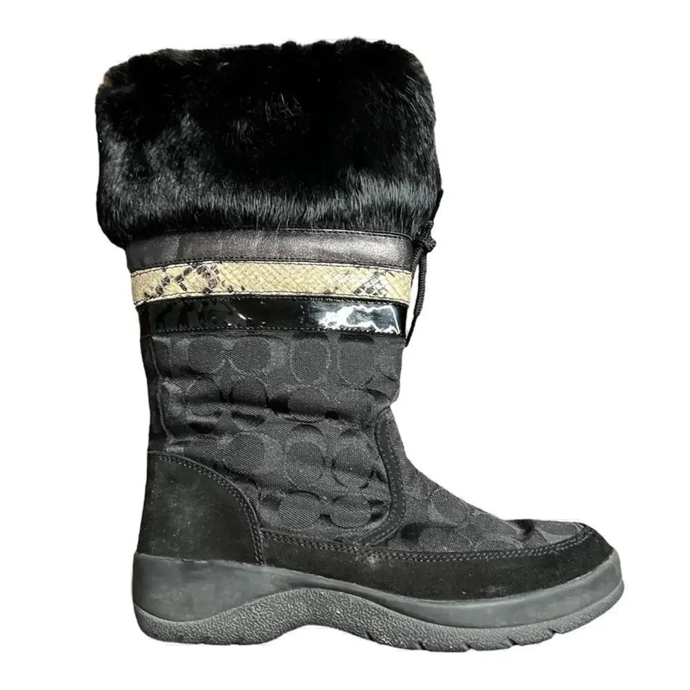 ▶️ Coach ◀️ Lorna Black Monogram Boots With Rabbit Fur Trim Size 7